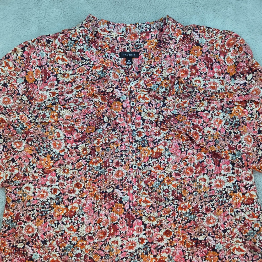 Talbots Floral Metallic Button Front Blouse Women Sz M Smocked Cuff Pink Orange